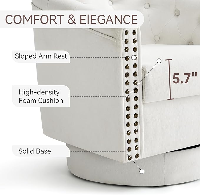 Swivel Barrel Accent Chair, Round Nailhead Chenille Fabric Living Room Arm - Image 4