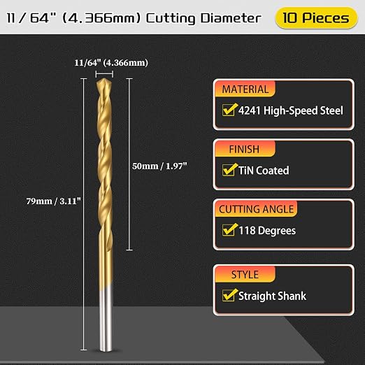 Drill Bit, 11/64" Cutting Diameter, 4241 HSS TiN Coated 118° Cutting Angle - Image 2