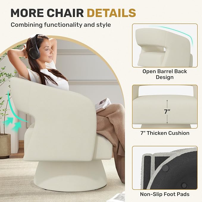Swivel Accent Chair, Modern Comfy Chenille Barrel Chairs, Oversized Upholstered - Image 5
