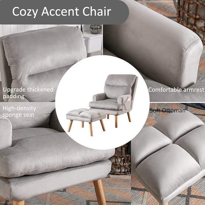INZOY Accent Chairs with Ottoman, Velvet Fabric Armchair with Ottoman - Image 5