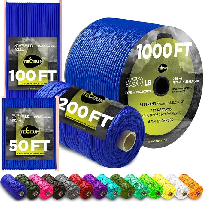 TECEUM 5/32" Paracord Rope 1000 – 1000ft / 200ft / 100ft / 50ft – Tactical by TECEUM
