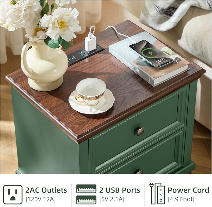 Farmhouse Nightstand Set of 2 for Bedroom, Mid-Century Low Nightstands - Image 6