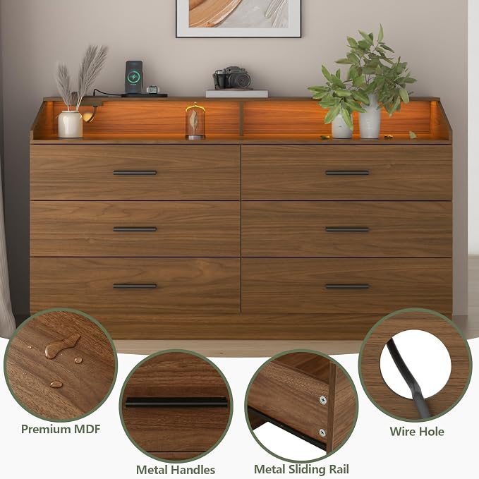 6 Drawer Dresser with Power Outlet, Chest of Drawers with LED Light, Modern - Image 8