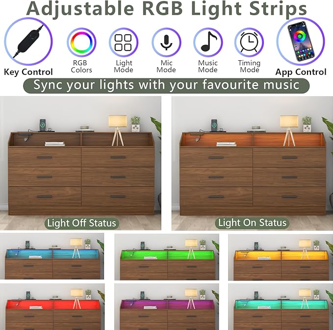 6 Drawer Dresser with Power Outlet, Chest of Drawers with LED Light, Modern - Image 4