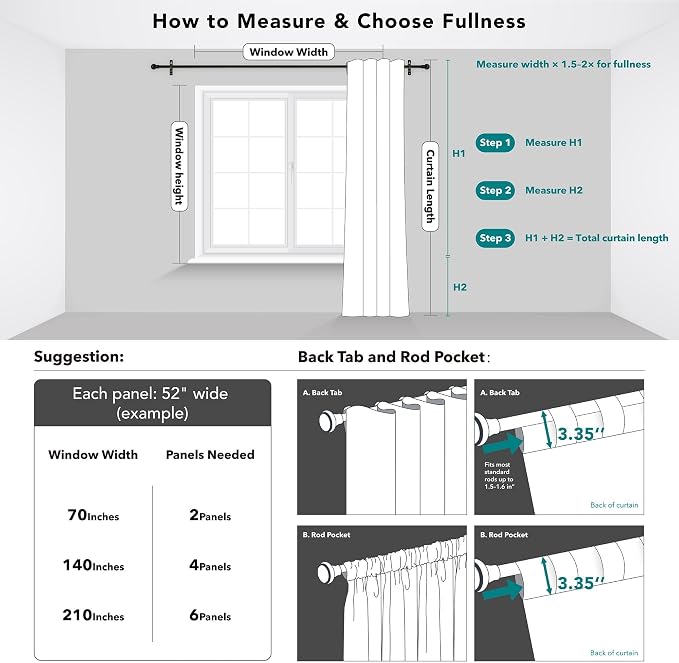 Deconovo Solid Back Tab and Rod Pocket Curtains Thermal Insulated Blackout - Image 9