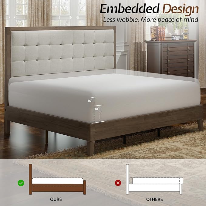 Jocisland Wood Full Size Bed Frame, Tall Upholstered Tufted Headboard, Solid - Image 7