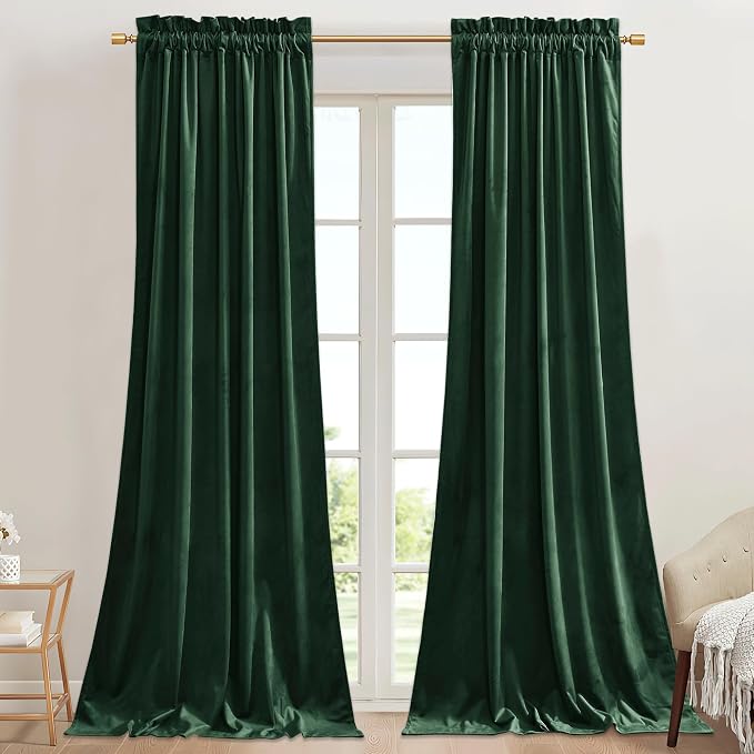 StangH Dark Green Curtains Blackout Thermal Insulated Velvet Drapes Rod Pocket by StangH