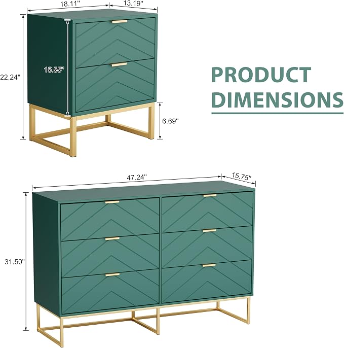 Anbuy 3 Pieces Bedroom Sets, 6 Drawer Dresser and Nightstand Sets - Image 3