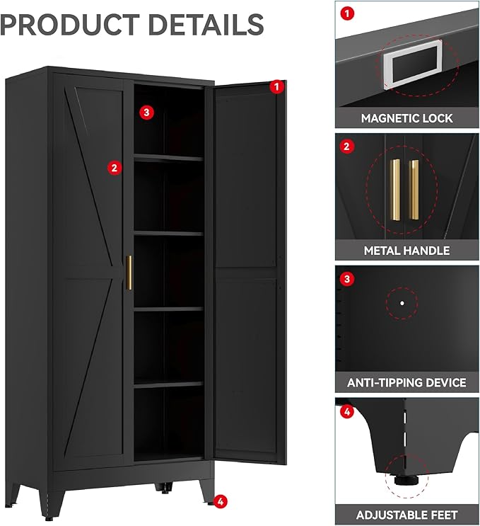 Farmhouse Pantry Cabinet with Barn Doors, 5-Tier Metal Storage Cabinet with 4 - Image 6