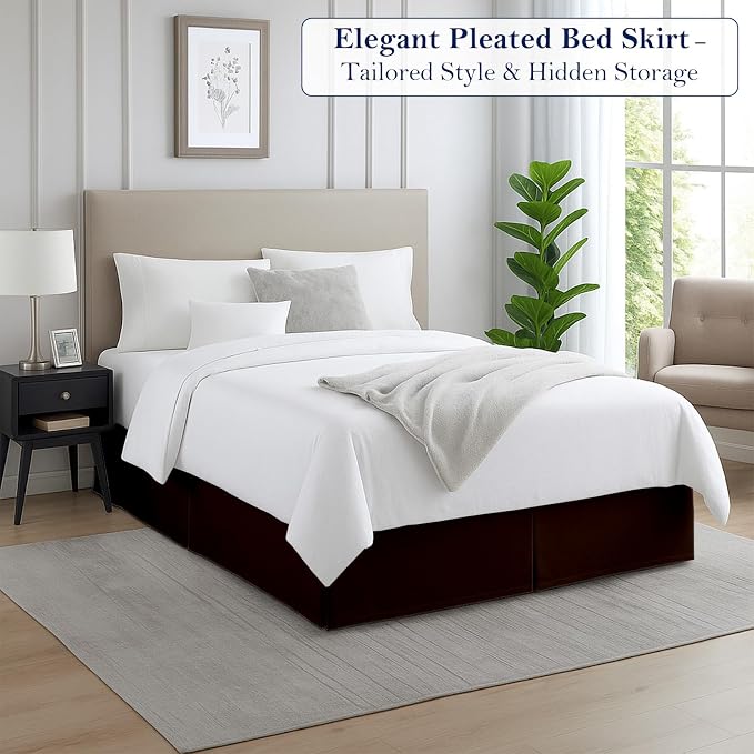 Queen Bed Skirt, Luxury 16 Inch Drop Chocolate Pleated Bed Skirt, Double - Image 2