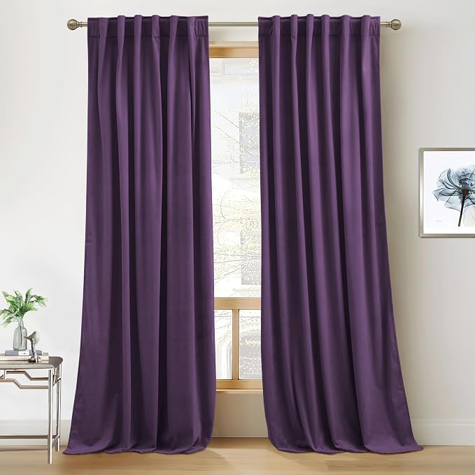 RYB HOME Purple Velvet Curtains 102 inches, Back Tab Soft Fabric Room Darkening by RYBHOME