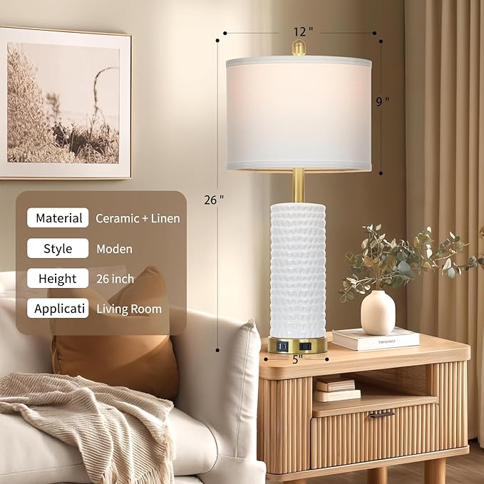 26" White Table Lamps for Living Room Set of 2, Ceramic Bedroom Lamps for - Image 2