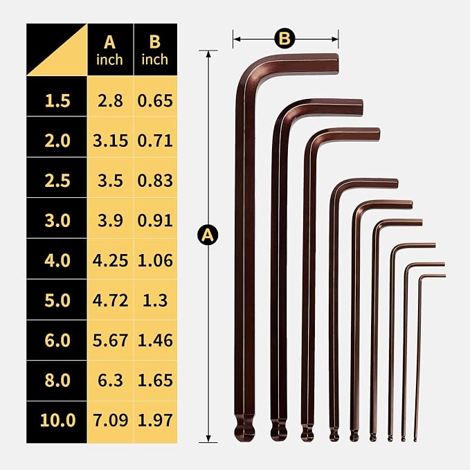 Metric Hex Key Ball End S2 Alloy Bronze – 9PCS Metric Allen Wrench Set - Image 2