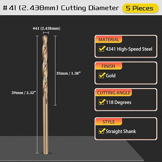 Drill Bit, #41 Cutting Diameter, 4341 HSS Gold Finish 118° Cutting Angle Number - Image 2