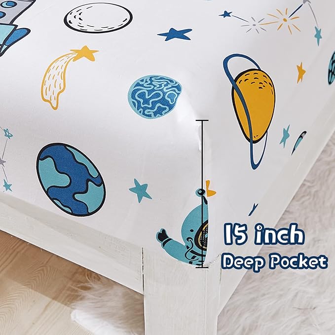 JSD Blue Astronaut Kids Sheet Set Full Size, 4 Piece Space Rocket Printed - Image 3