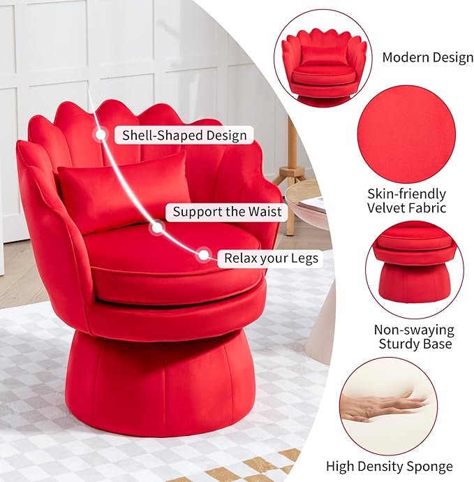 360° Swivel Accent Chair, Mid-Century Modern Velvet Barrel Chair, Comfy Shell - Image 3