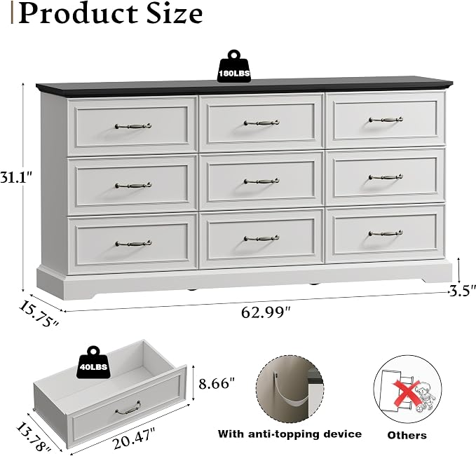 Farmhouse 9 Drawers Dresser for Bedroom, Rustic Wood Dresser TV Stand, Wooden - Image 2