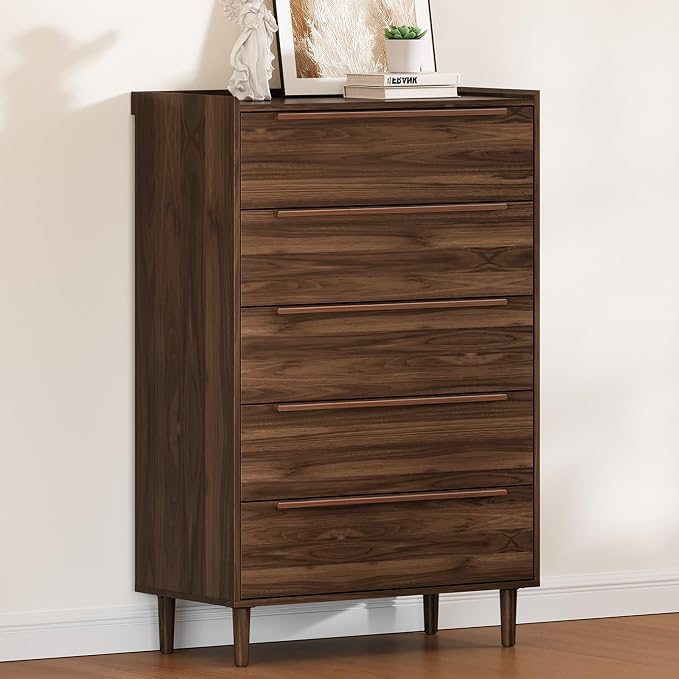48" Tall Walnut Dresser for Bedroom, Mid-Century Modern 5 Drawer Chest of by RIHHA