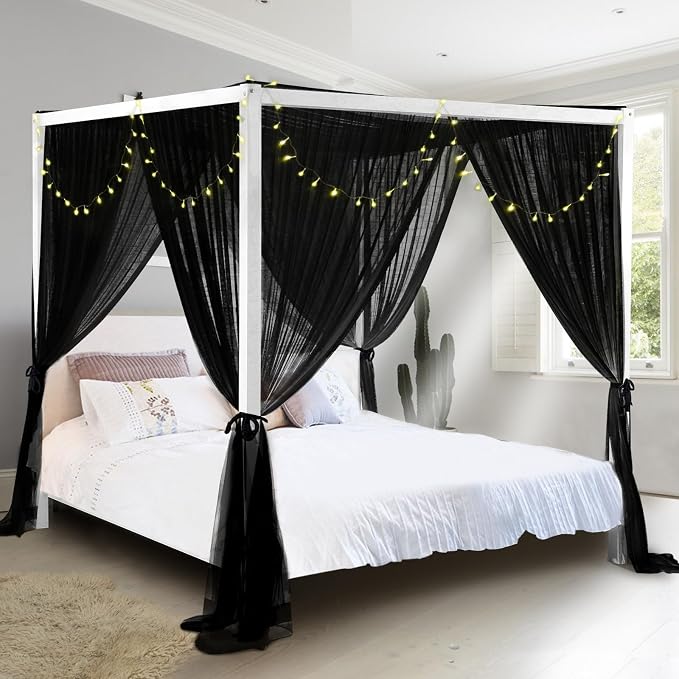 South to East Black Canopy Bed Curtains, 4 Corner Post Bed Canopy - Image 4