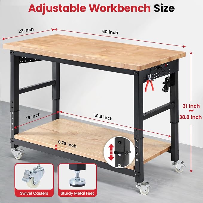 Workbench for Garage with Wheels 60 x 22 Inch Heavy Duty Rubberwood Tabletop - Image 2
