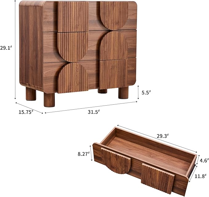 3 Drawer Dressers for Bedroom, 31.5" Wide Large Mid Century Modern Fluted - Image 3