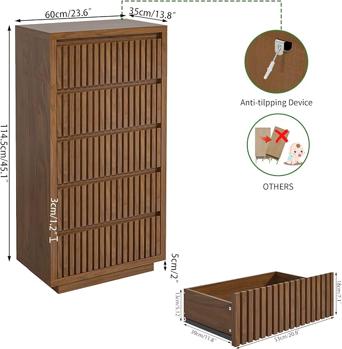 Fluted Tall 5 Drawer Dresser, Mid Century Dresser - Image 2
