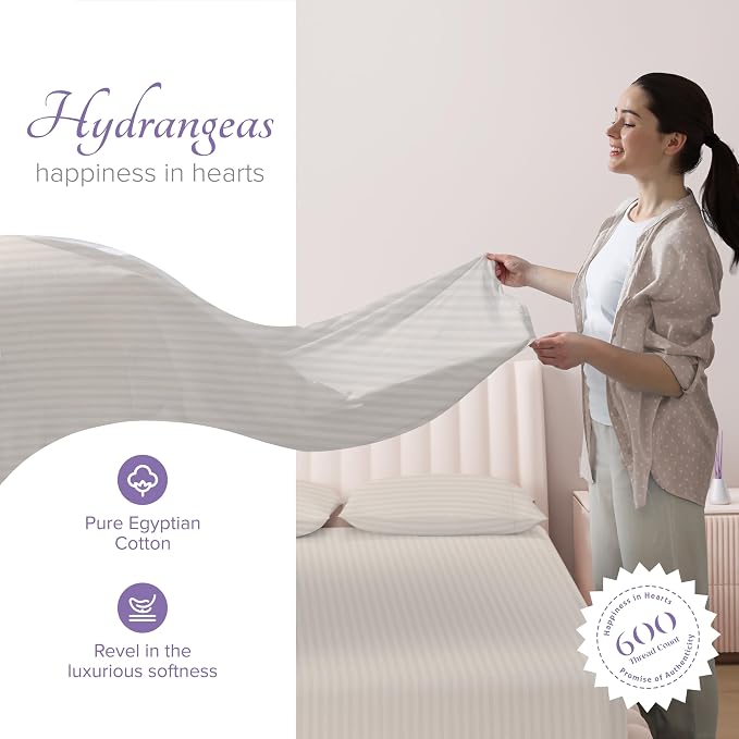 Carressa Linen Luxury Egyptian Cotton Queen Stripe Sheet Set, 600 Thread Count - Image 2