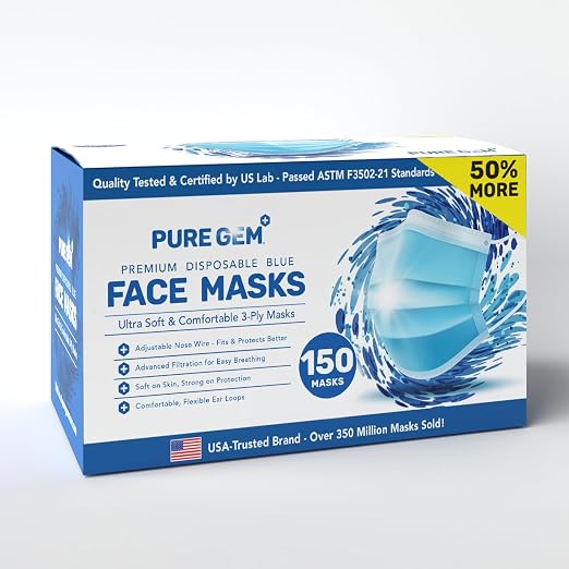 PURE GEM Single Use Disposable Blue Face Mask, Soft on Skin, 3-ply Masks Facial by PURE+GEM