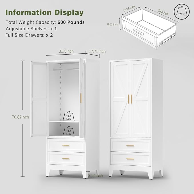 COFaR Metal Wardrobe Cabinet, 71 Farmhouse Armoire Wardrobe Closet - Image 3