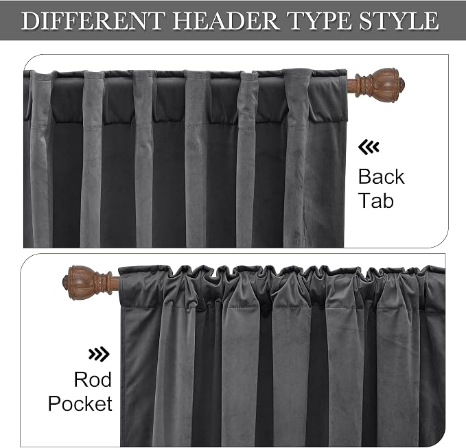 RYB HOME Grey Velvet Curtains 102 inches, Back Tab Soft Fabric Room Darkening - Image 3