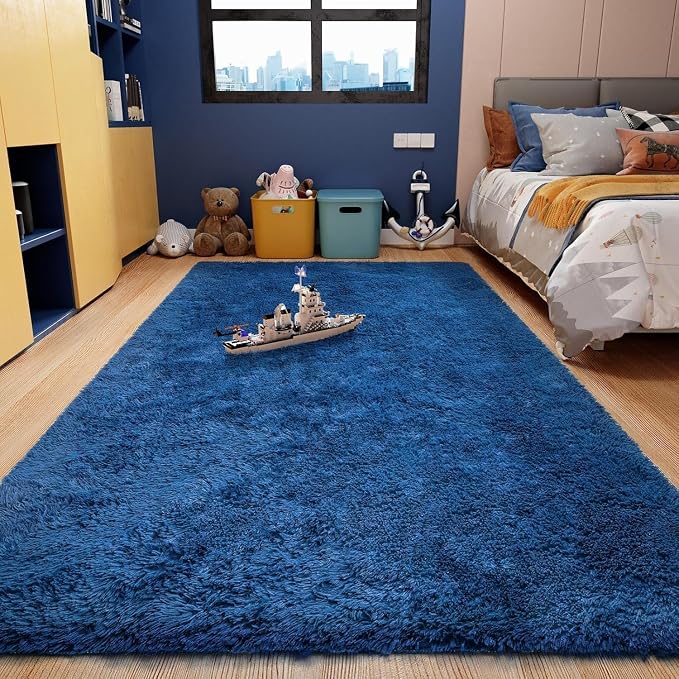 Ophanie Upgrade 4x6 Blue Rugs for Bedroom, Dark Blue Fluffy Shaggy Soft Carpet by Ophanie