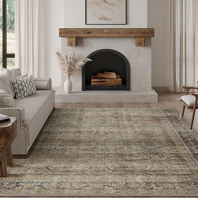 FMFUNCTEX 6x9 Washable Area Rug Brown Vintage Neutral Distressed Large Non Slip by Fmfunctex