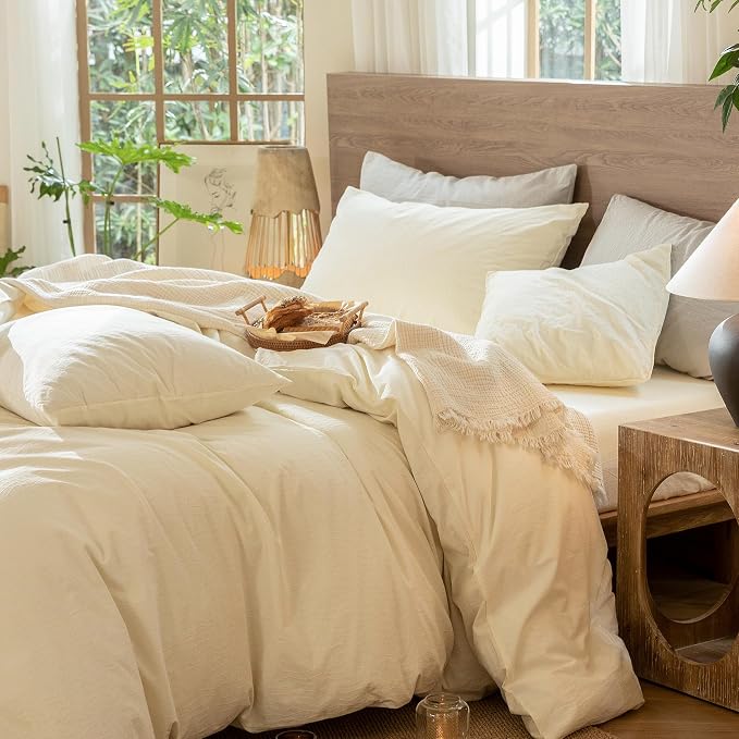 MooMee Wavy Striped Duvet Cover Set 100% Washed Cotton Linen Like Textured - Image 3