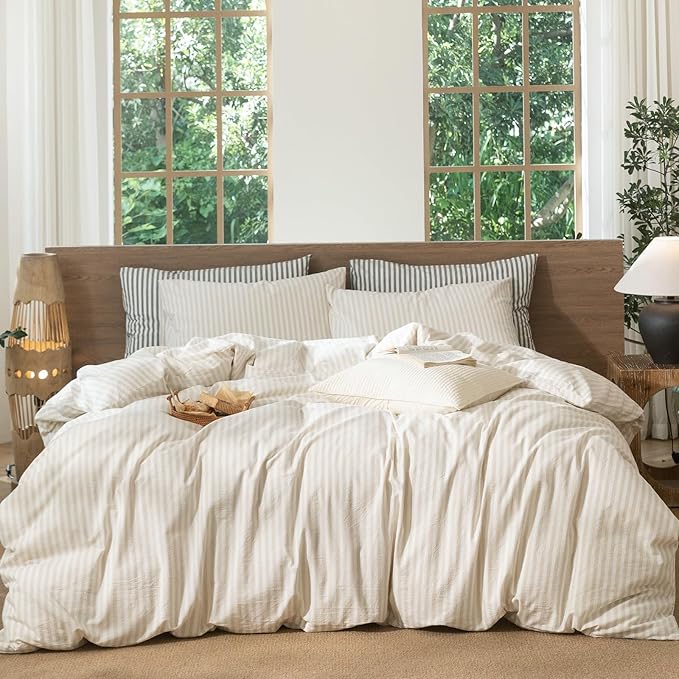 MooMee Striped Duvet Cover Set 100% Washed Cotton Linen Like Textured by MOOMEE