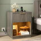 VINGLI Night Stand with Charging Station & Led Light, Wood Nightstand Mid by VINGLI