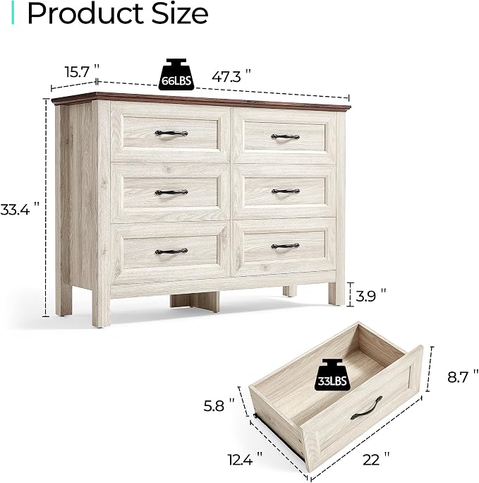 LINSY HOME 6 Drawers Dresser for Bedroom, Modern Farmhouse Dresser TV Stand - Image 3