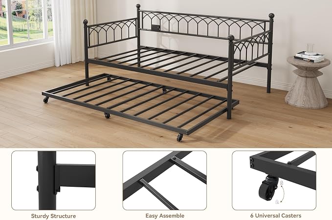 GarveeHome Daybed with Trundle, Metal Twin Trundle Bed with Charging Station & - Image 7