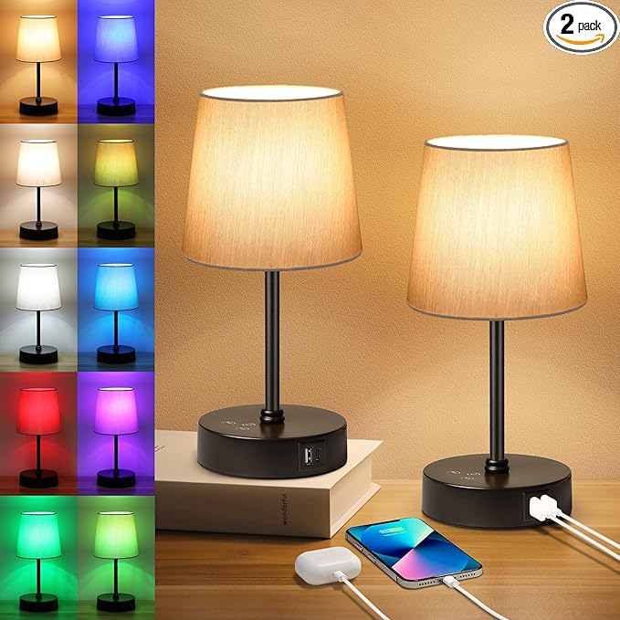 Ascher Small Bedside Table lamp Set of 2, RGB Color Changing Lamps, 3 Color by Ascher