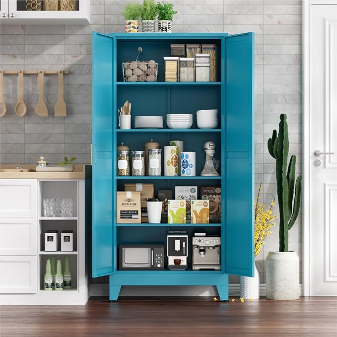 Farmhouse Pantry Cabinet with Barn Doors, 5-Tier Metal Storage Cabinet with 4 - Image 2