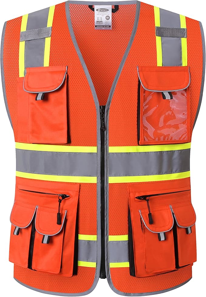 JKSafety 10 Pockets Hi-Vis Neon Color Frontal Zipper Mesh Safety Vest by JKSafety