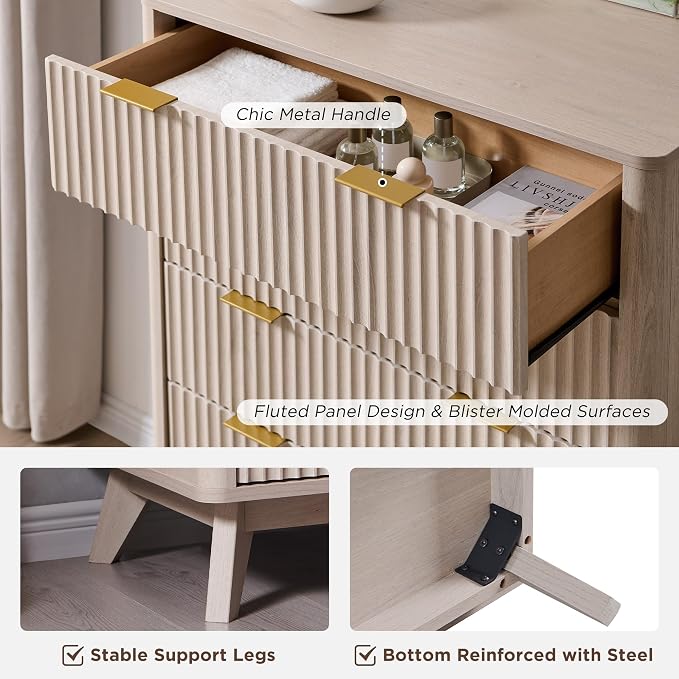 T4TREAM Fluted 5 Drawers Dresser, Curved Profile Design, Wood Drawer Organizer - Image 6