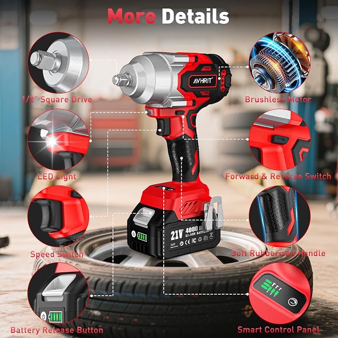 Avrhit Cordless Impact Wrench 1/2 Inch, 1300Nm / 960ft-lbs High Torque Impact - Image 8