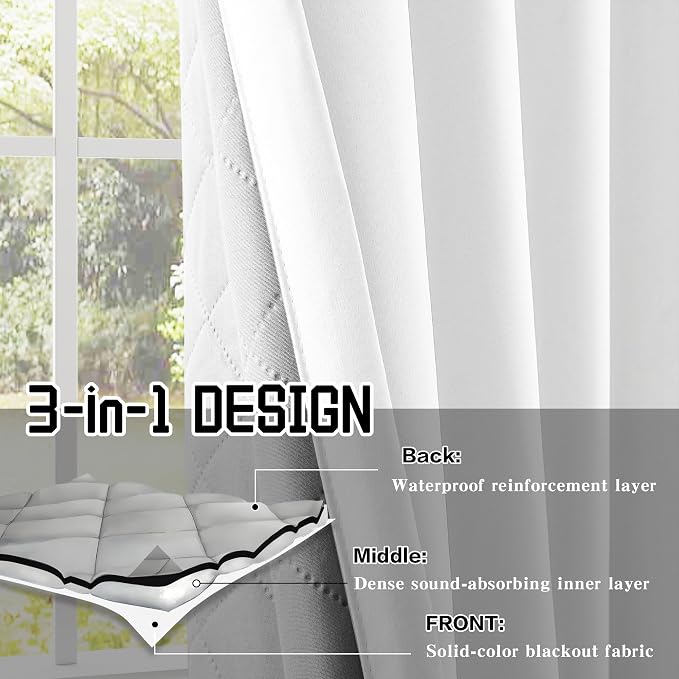 White 100% Blackout Curtains 3-in-1 Heavy Soundproof Curtains Thermal Insulated - Image 4