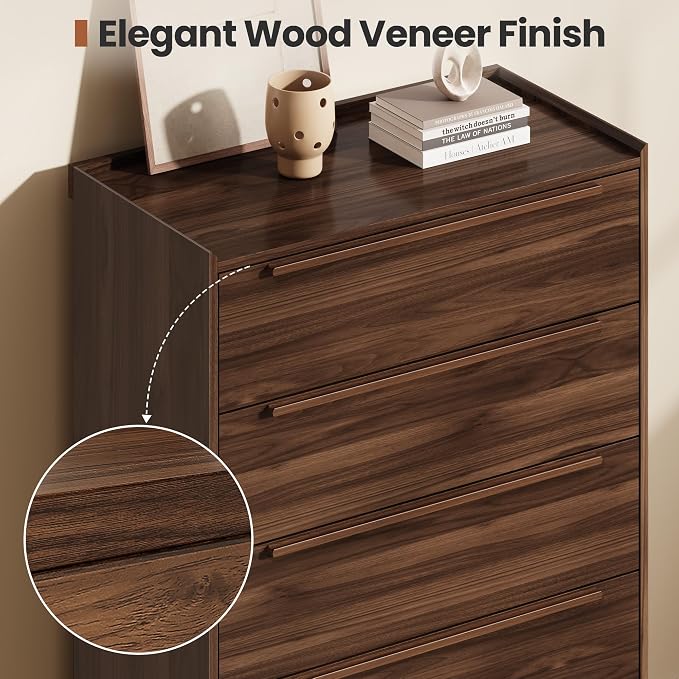 48" Tall Walnut Dresser for Bedroom, Mid-Century Modern 5 Drawer Chest of - Image 6