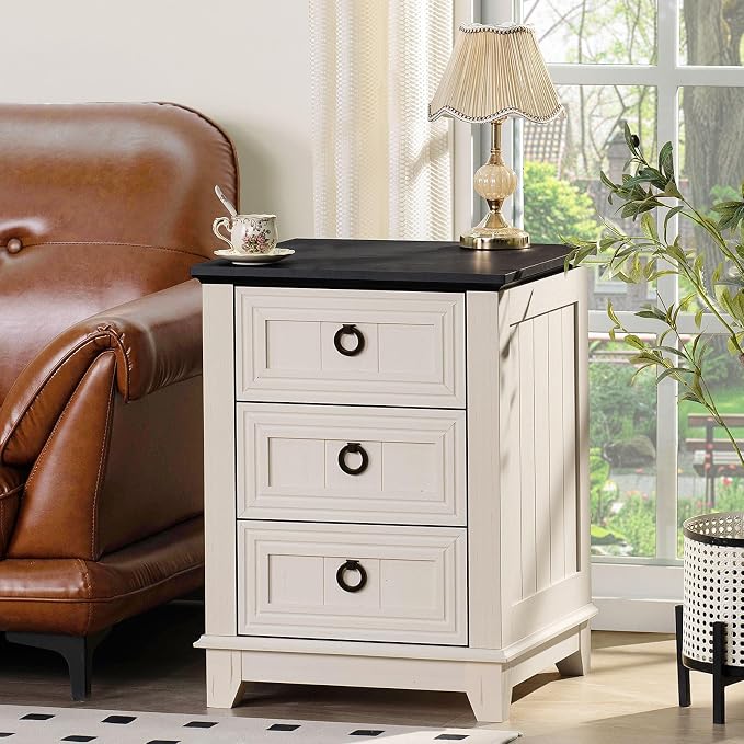 18" Farmhouse Night Stand with 3 Drawers, Wood End Table Dresser - Image 6