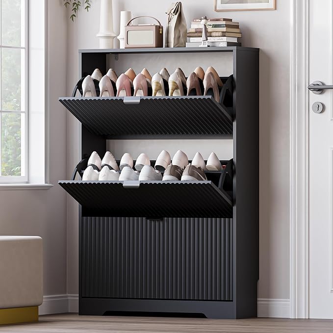 Entryway Shoe Cabinet with 3 Flip Drawers, Narrow Shoe Organizer Cabinet with by BORNOON