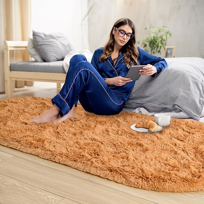 Noahas Fluffy Khaki Rugs for Bedroom Living Room, 2.6'X5.3' Oval Throw Rug for - Image 3