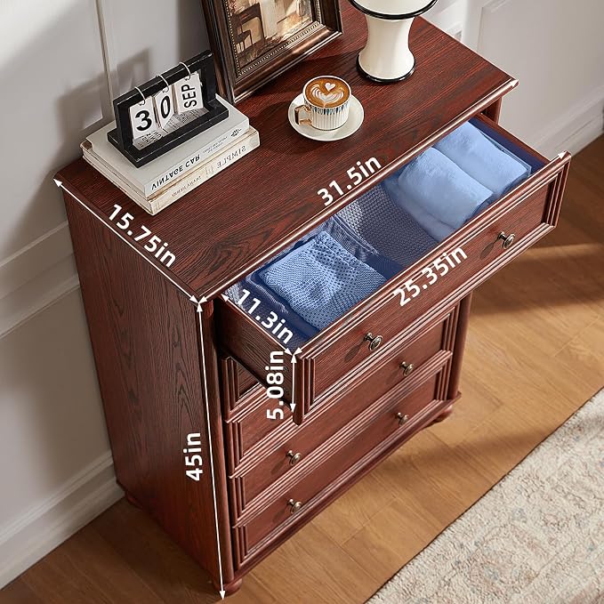 Farmhouse 5 Drawers Dresser for Bedroom, Wood 45" Tall Dressers Chest of Drawers - Image 2