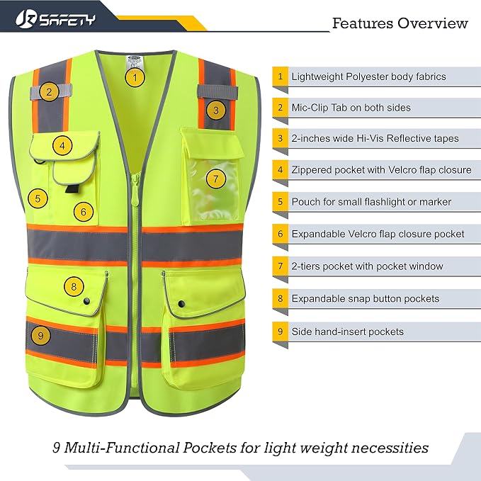 JKSafety 9 Pockets Hi-Vis Neon Yellow Color Zipper Front Safety Vest - Image 3