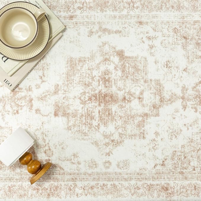 Area Rug 8x10 Cream Washable Living Room Beige Carpet Non Slip Vintage - Image 7